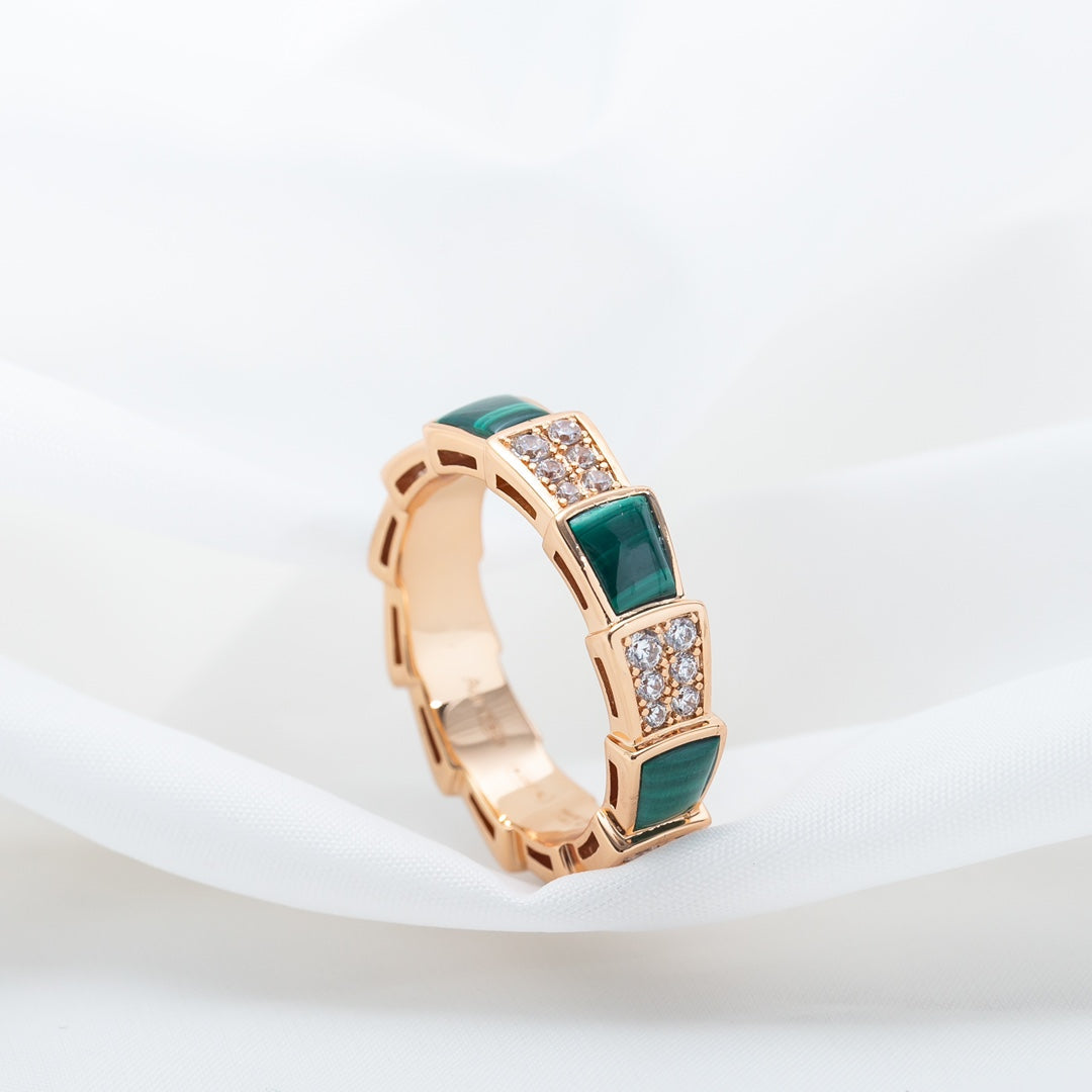 [AuraEcho]SERPENTI RING PINK GOLD MALACHITE DIAMOND PAVED 4MM