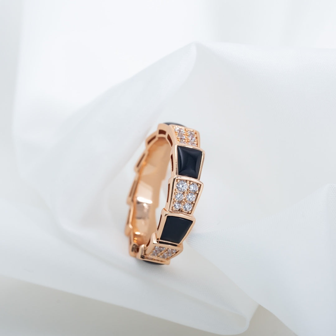 [AuraEcho]SERPENTI RING PINK GOLD BLACK MOP DIAMOND PAVED 4MM