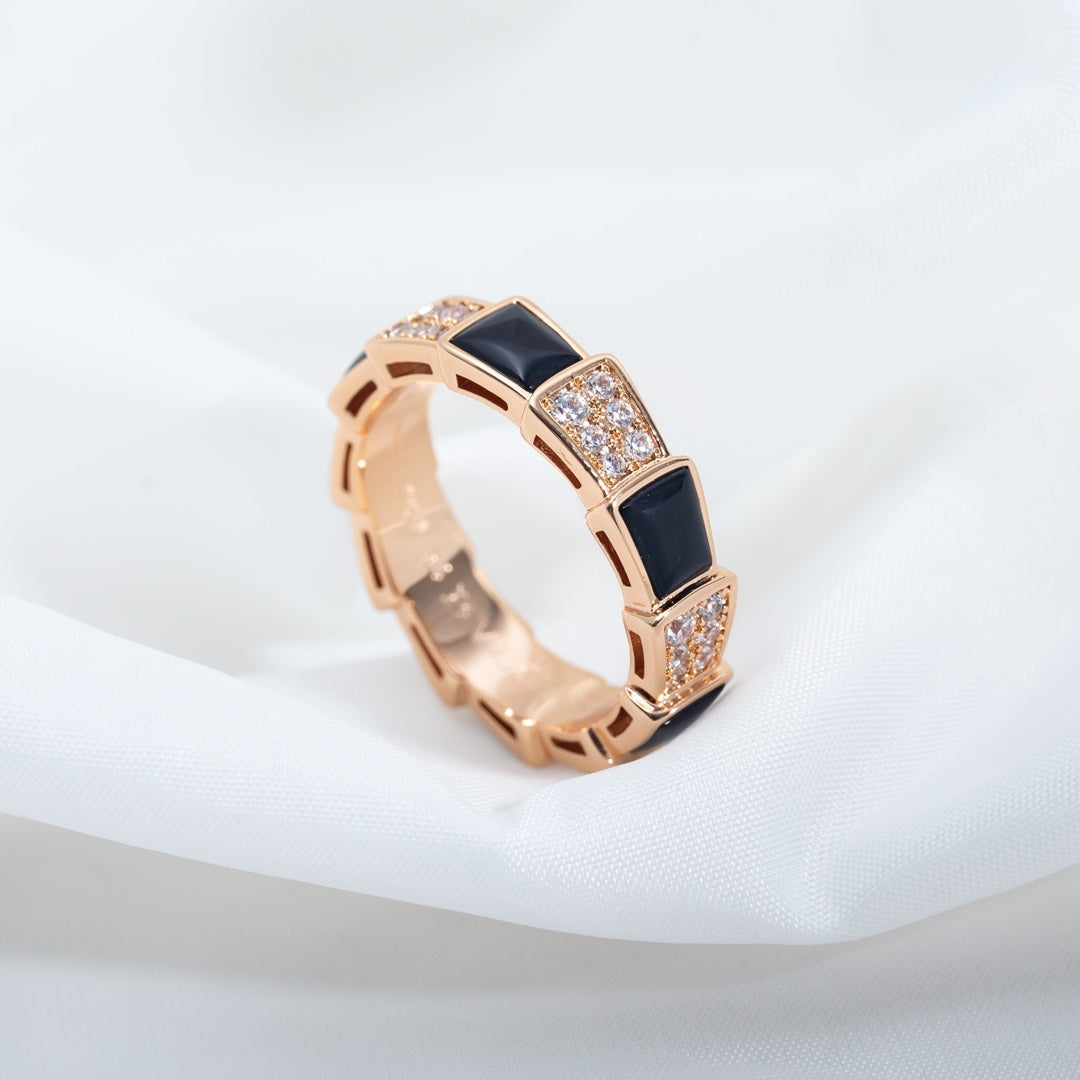 [AuraEcho]SERPENTI RING PINK GOLD BLACK MOP DIAMOND PAVED 4MM