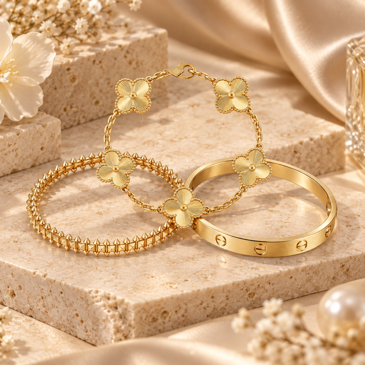[AuraEcho] CLASH & Clover Laser 5-Motif & LOVE Brushed Bracelet Stack Set