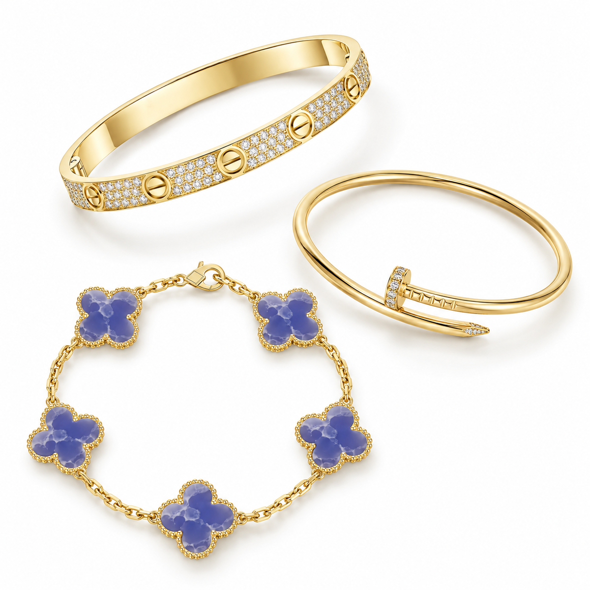 [AuraEcho] LOVE & JUSTE & Blue Veins Clover 5-Motif Diamond Bracelet Stack Set