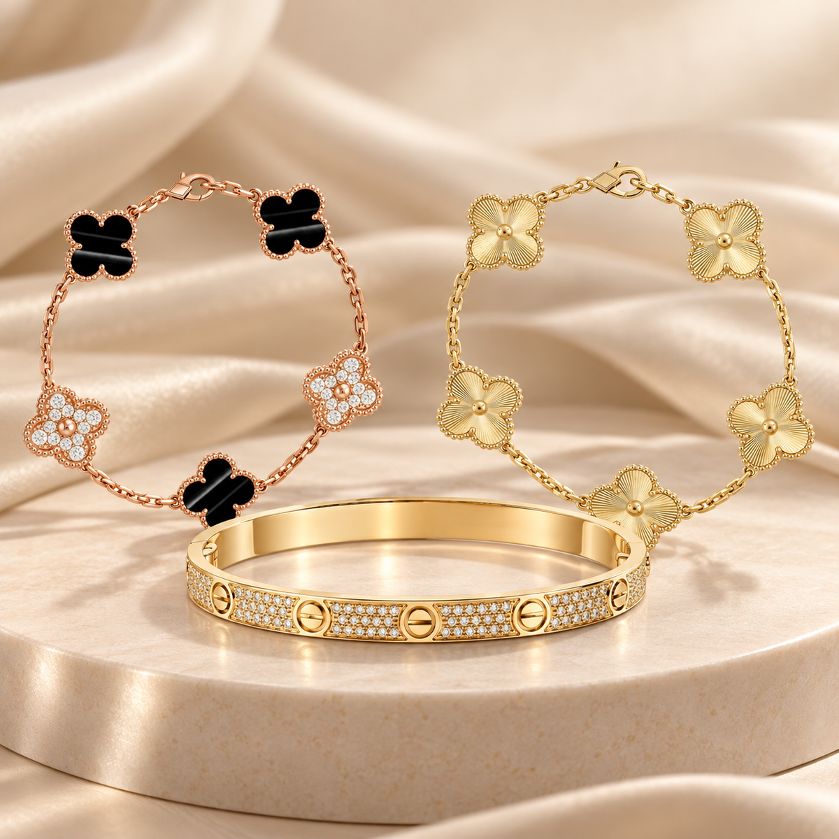 [AuraEcho]Clover Laser  Pulsar Stone 5-Motif & LOVE Diamond-Paved Bracelet Stack Set