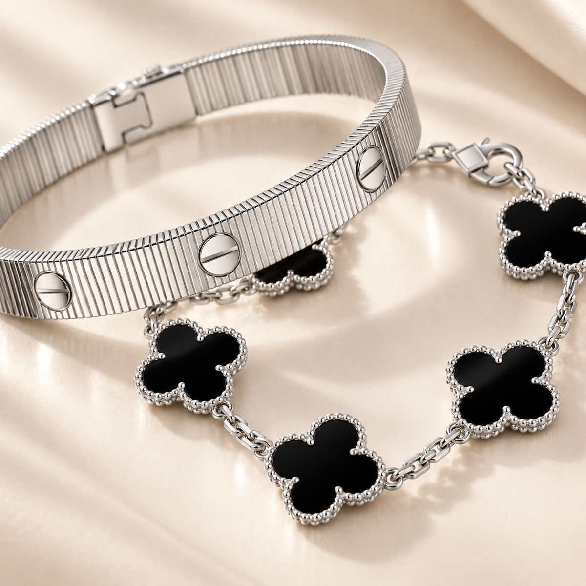 [AuraEcho]Clover & Love Sliver 2-Piece Bracelet Stack Set