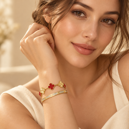 [AuraEcho]Clover & Love Diamond-Paved Radiant Line 2-Piece Bracelet Stack Set