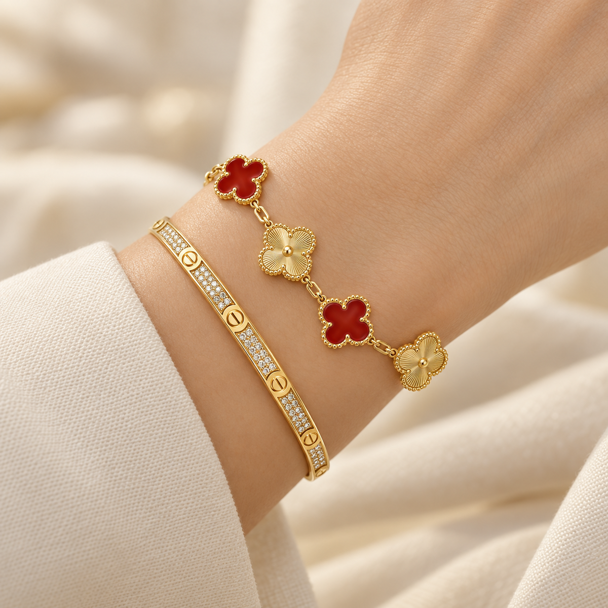 [AuraEcho]Clover & Love Diamond-Paved Radiant Line 2-Piece Bracelet Stack Set