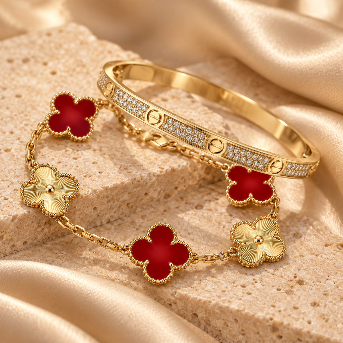 [AuraEcho]Clover & Love Diamond-Paved Radiant Line 2-Piece Bracelet Stack Set