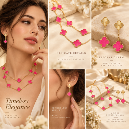 [AuraEcho]Clover Pink Enamel Necklace & Earring Jewelry Set