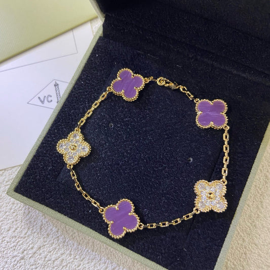 [AuraEcho]CLOVER  5 MOTIFS  PURPLE VIOLET DIAMOND BRACELET