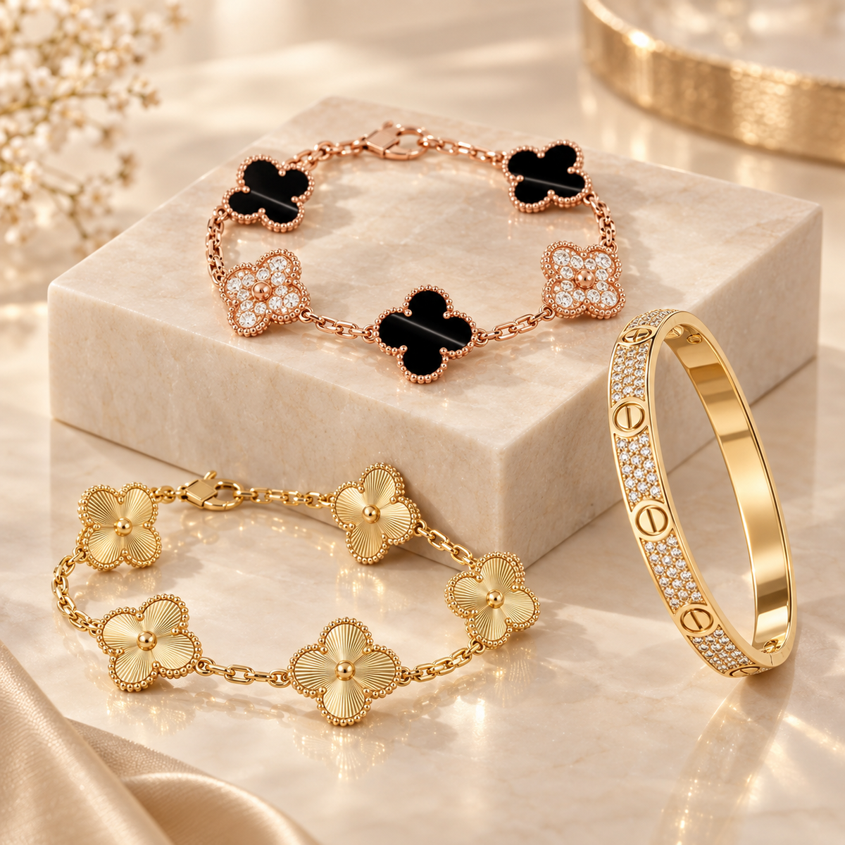 [AuraEcho]Clover Laser  Pulsar Stone 5-Motif & LOVE Diamond-Paved Bracelet Stack Set