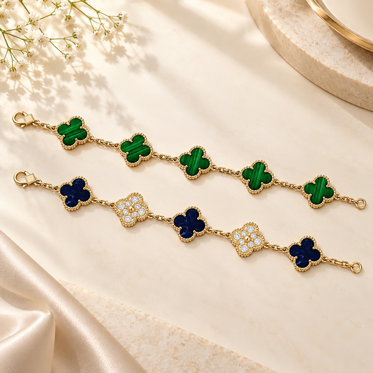 [AuraEcho]Clover 5-Motif Malachite & Pietersite Bracelet Stack Set