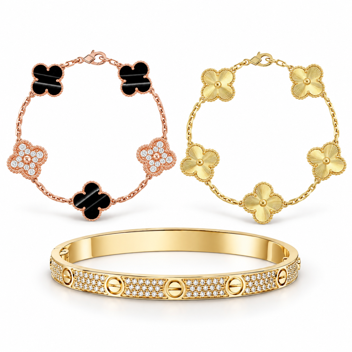 [AuraEcho]Clover Laser  Pulsar Stone 5-Motif & LOVE Diamond-Paved Bracelet Stack Set