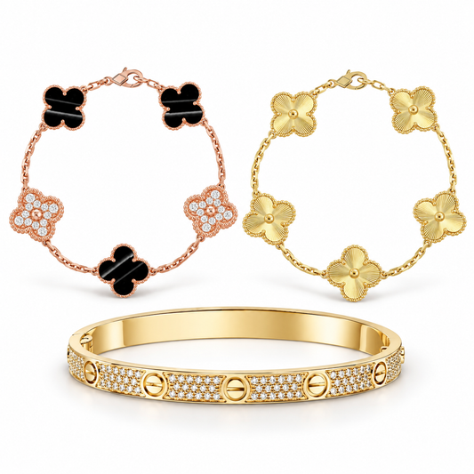 [AuraEcho]Clover Laser  Pulsar Stone 5-Motif & LOVE Diamond-Paved Bracelet Stack Set