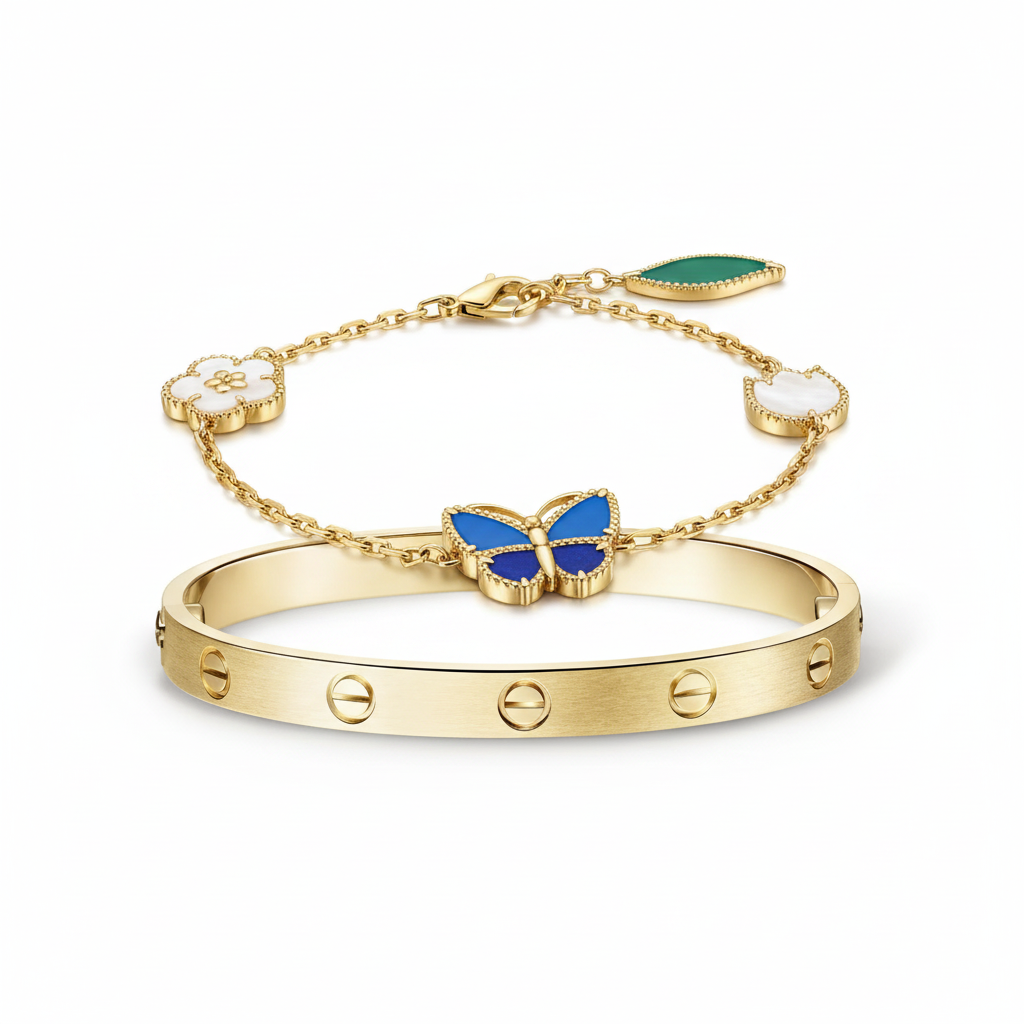 [AuraEcho] LOVE Brushed & Lucky Spring Butterfly 5-Motif Bracelet Stack Set