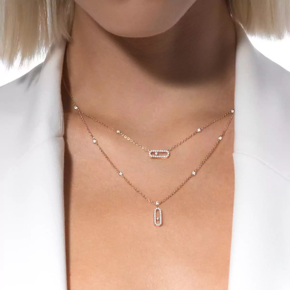 [AuraEcho]2 Rows Rose Gold Diamond Pave_ Necklace Move Uno